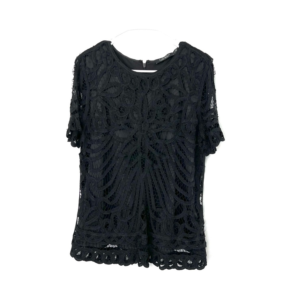 Ralph Lauren Black Label Short Sleeve ‘Black’ Lace Lined Blouse Woman’s Size 8